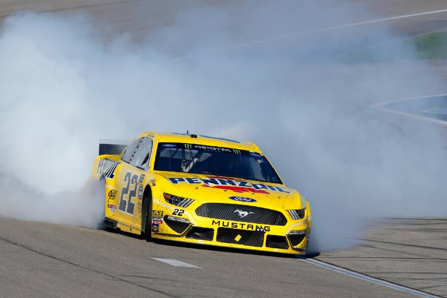 In the NASCAR Cup Series, defending champion Joey Logano scored his first win of the season. In the NASCAR Cup Series, defending champion Joey Logano scored his first win of the season.